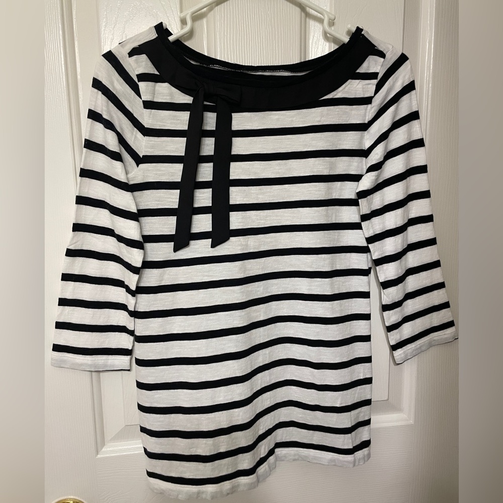 Loft 3/4 sleeve top. Black and white stripes with bow detail. Like new. Size XS.